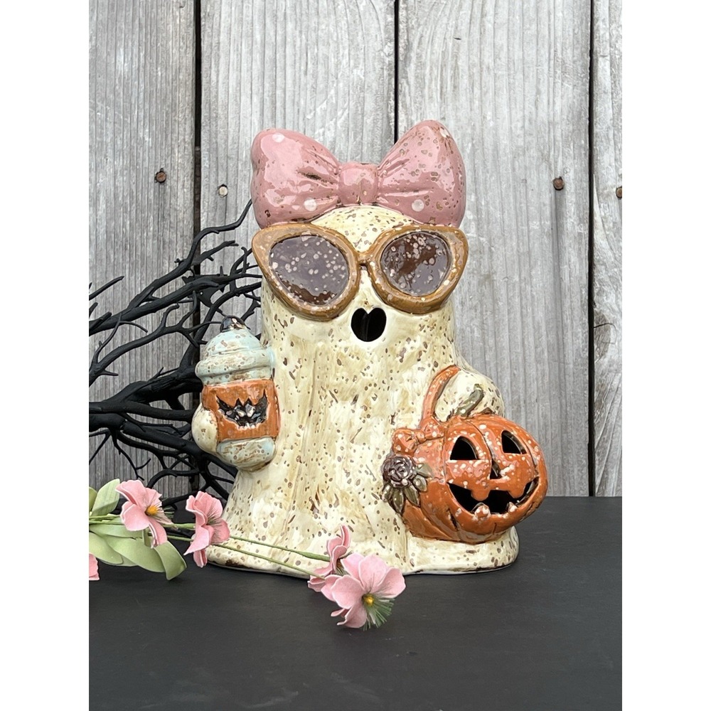 Cute Halloween Ceramic Ghost Figurine with Pumpkin and Coffee New 10in